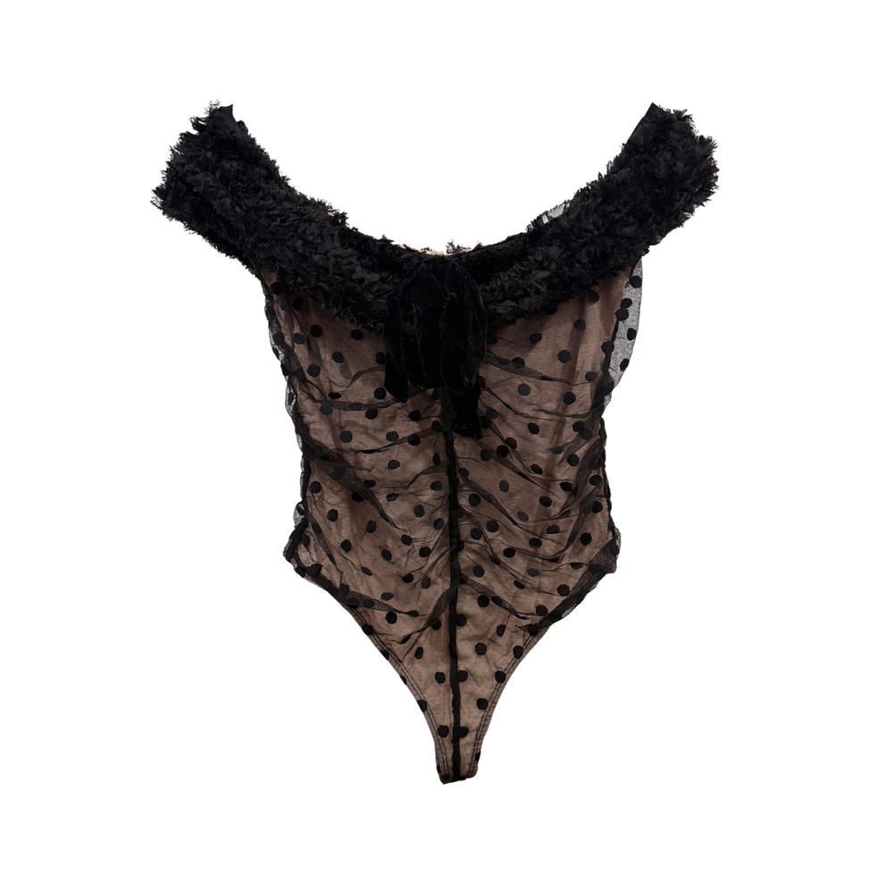 Majorelle Black Polka Dot Mesh Off Shoulder Bodysuit Small Nude Lining Zipper